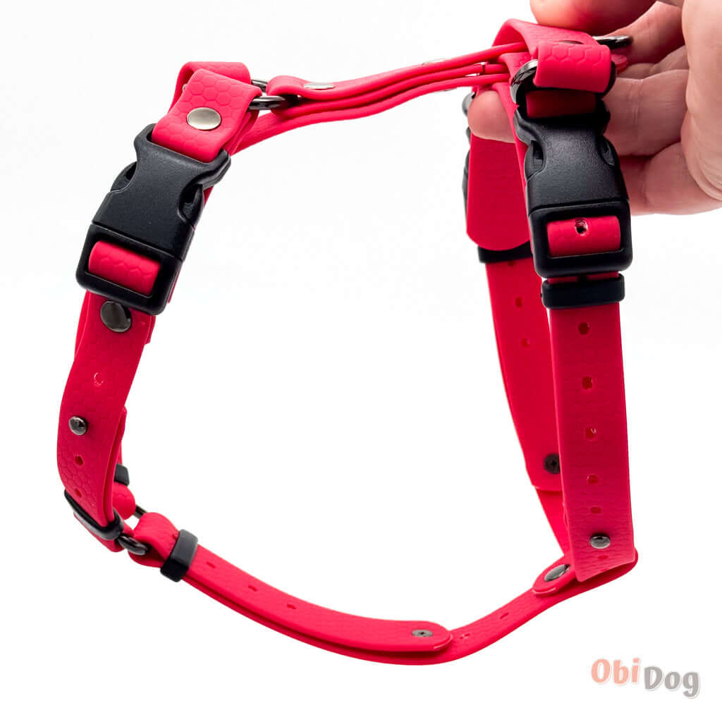 Red Hexa chest harness for dogs, adjustable, waterproof, and anatomically designed for comfort and support.