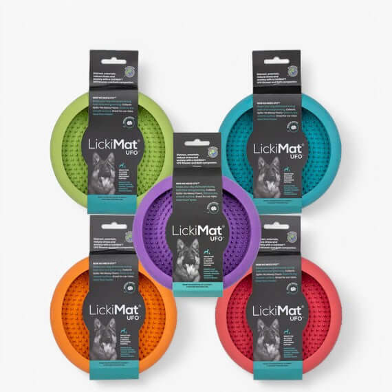 LickiMat UFO lēnas ēšanas bļodas piecu krāsu komplekts ar iepakojumu, ideāli piemērots suņiem.