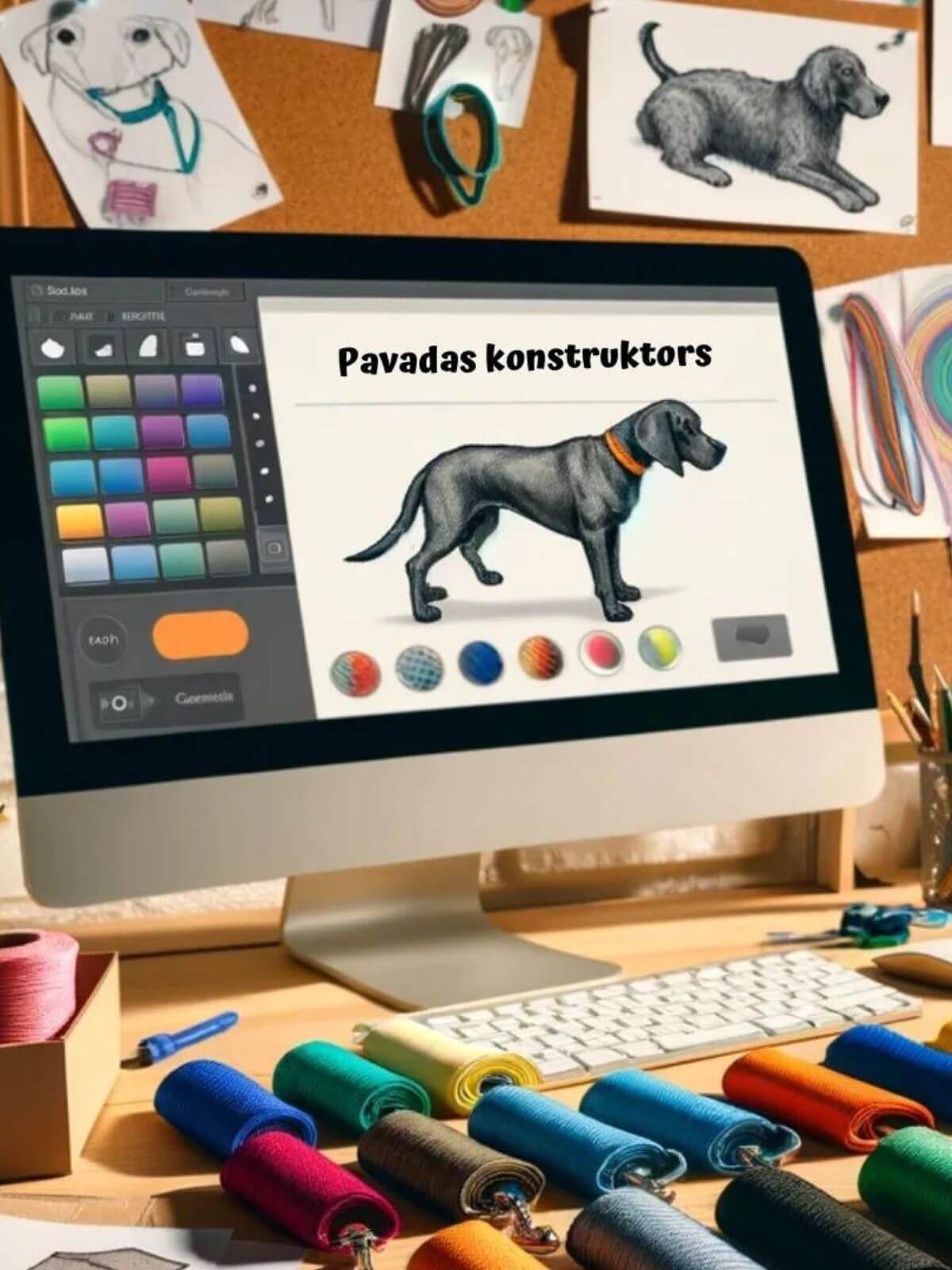 Dog leash design software on computer with colorful sewing materials on desk.